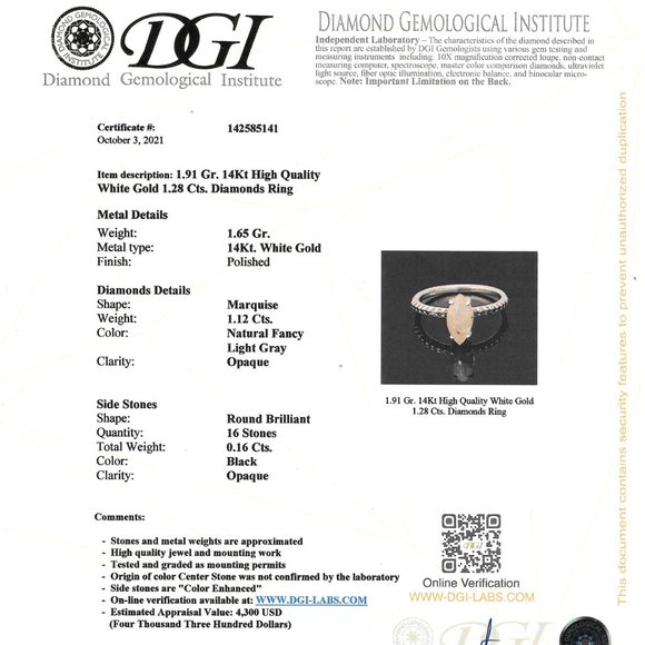 Marquise Diamond Engagement Ring 14K White Gold Fancy Gray 1.28 TCW - Picture 4 of 6